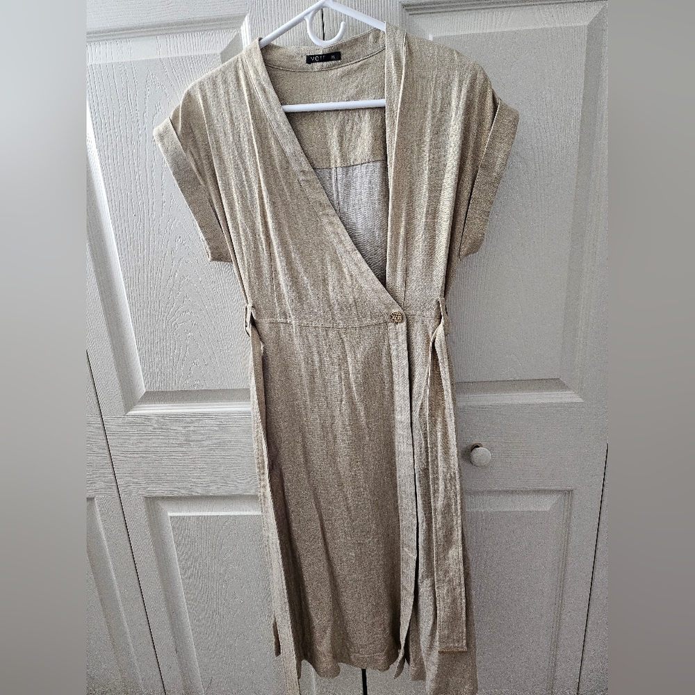 MOTF Tan Wrap Maxi Dress with Pleated Tie Front